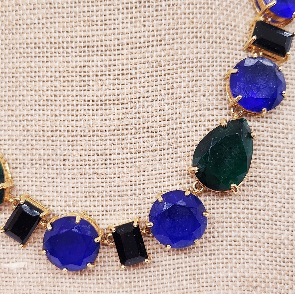Vintage J. Crew Necklace Brulee Blue and Green Rhinestones - Picture 3 of 5